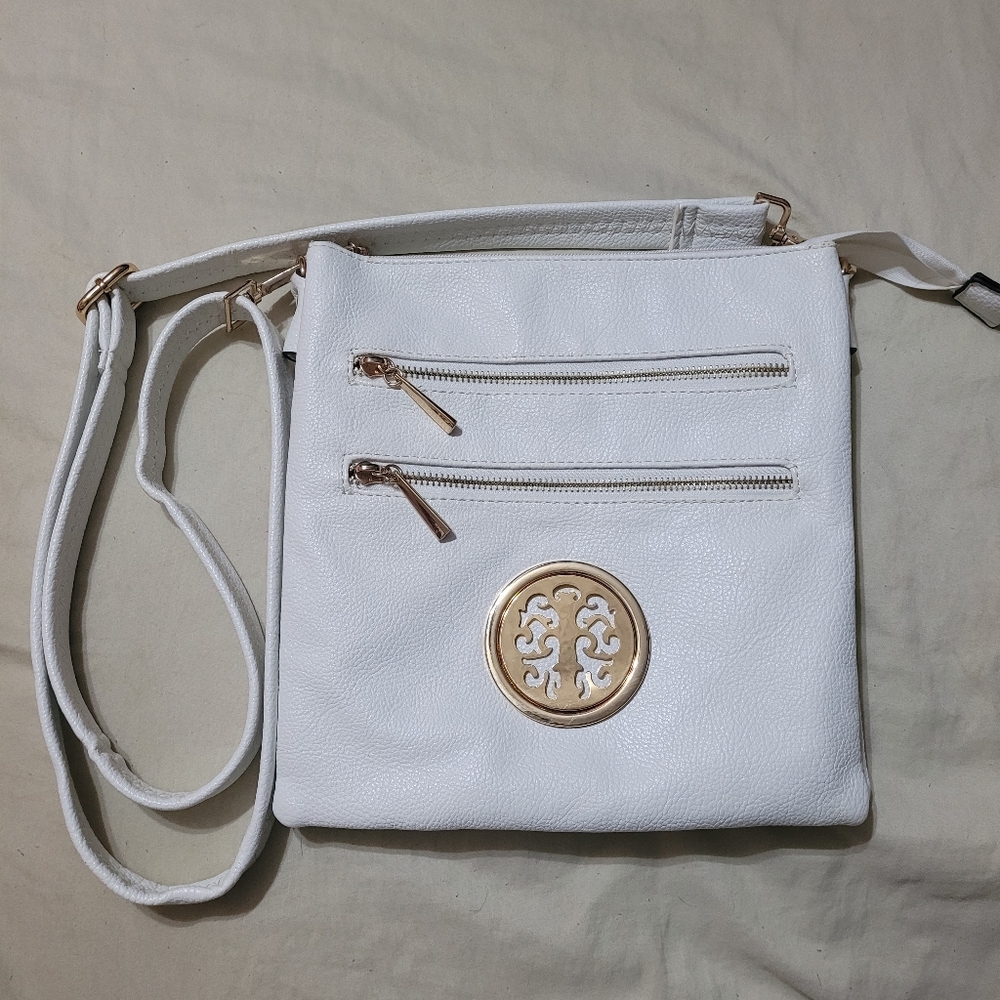 White Crossbody Bag with Gold Tone Hardware